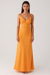 Gelbes Spaghettiträger Chiffon Ballkleid